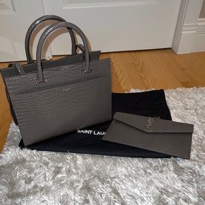 Saint Laurent Authentic 2 in 1 Grey Croc Embossed Handbag